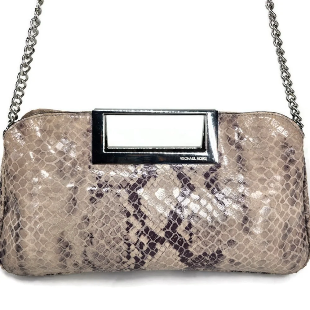 Michael Kors Berkley Pearl Grey & Cream Python Leather Clutch Or Shoulder Bag - Picture 4 of 16